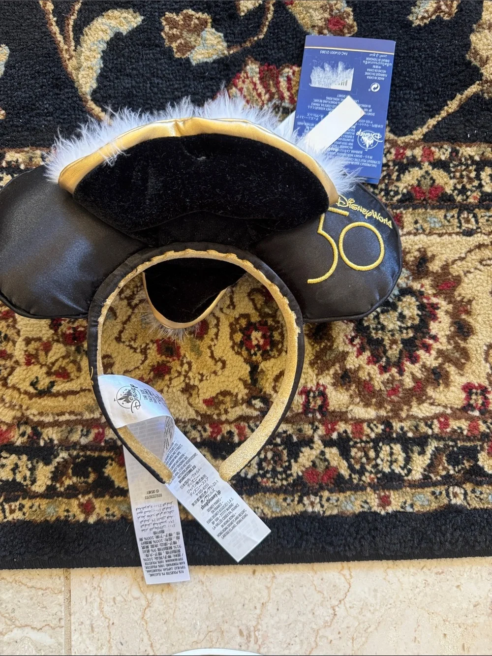 Disney Black and Gold Filigree Mouse Ear Headband with White Feather Trim